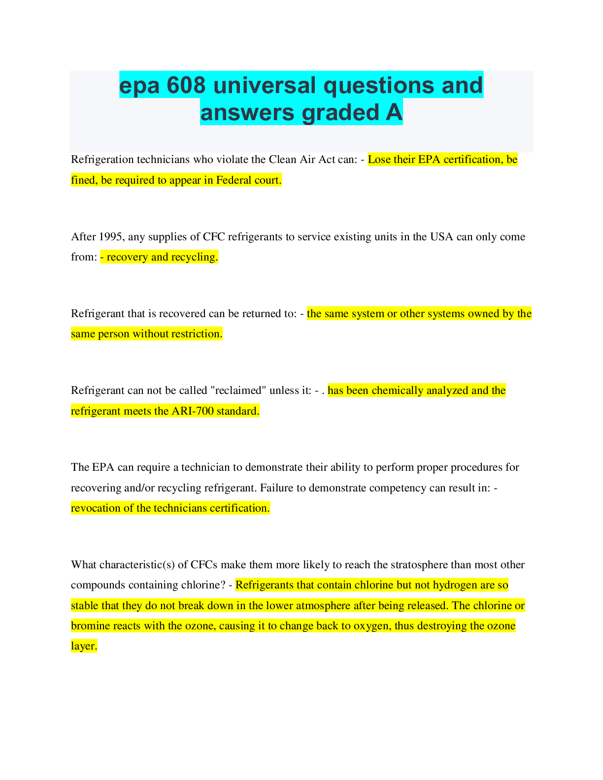 epa 608 universal questions and answers graded A - Scholarfriends